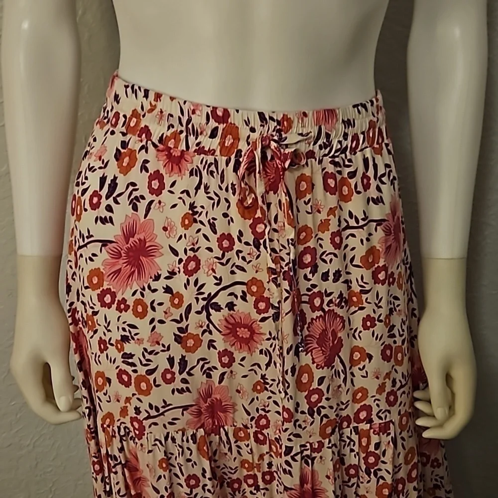R. VIVIMOS Pink Floral Elastic Waist Boho Festival Skirt